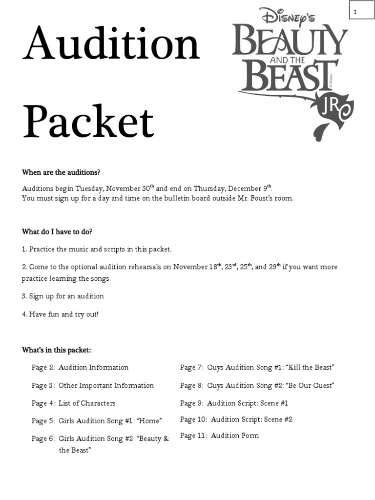 Beauty and Beast Audition Packet PDF | PDF | Audition | Performing Arts