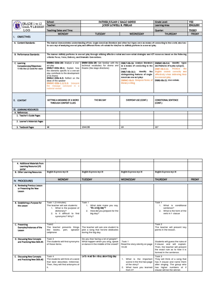 English 9 Quarter 3 Daily Lesson Log | PDF | Human Communication | Pedagogy
