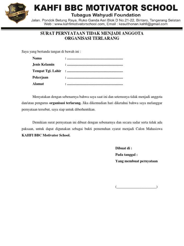 Surat Pernyataan Organisasi Terlarang Kahfi 