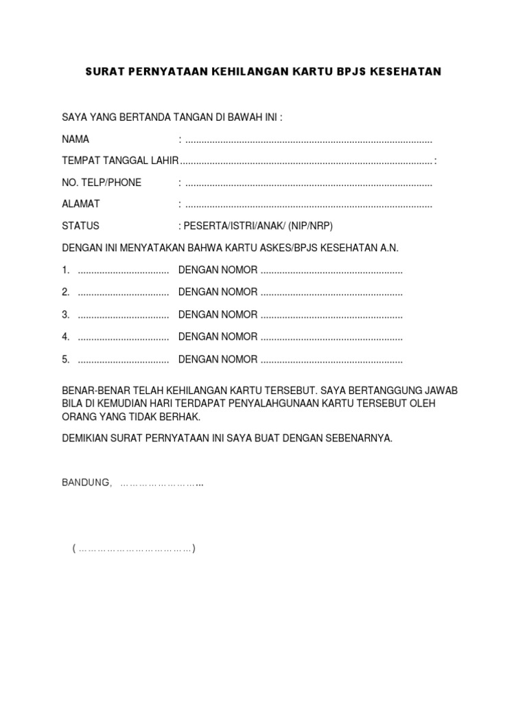 Surat Pernyataan Kehilangan Kartu Bpjs Kesehatan Pdf