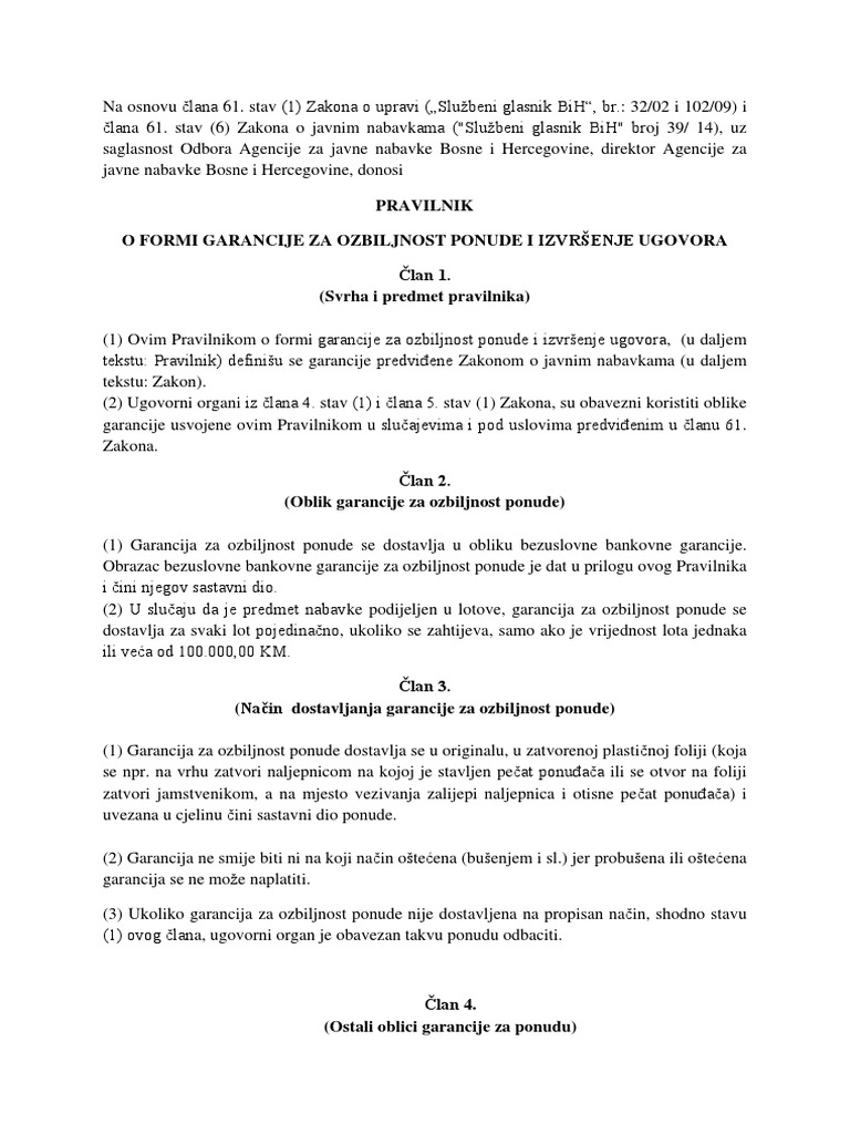 Pravilnik Forma Garancije Bs PDF | PDF