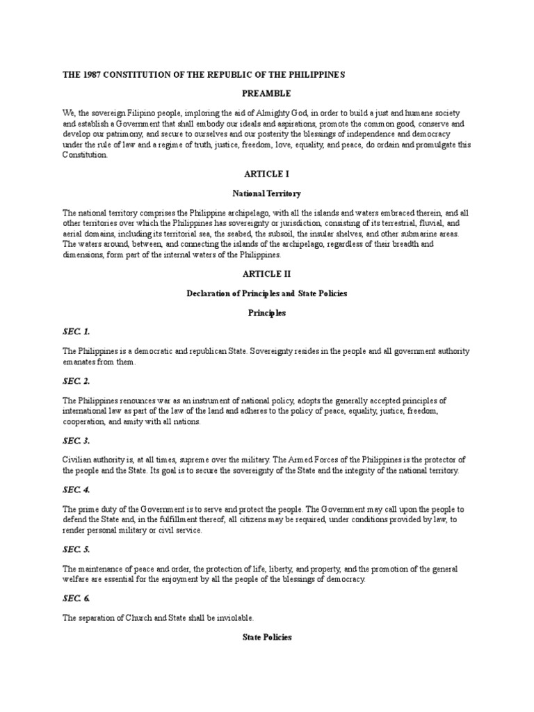 The 1987 Constitution of The Republic of The Philippines Preamble | PDF ...