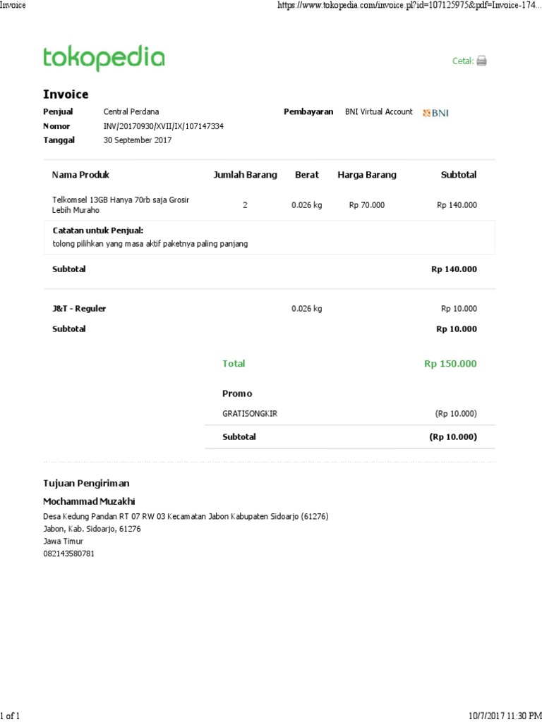 Invoice Pembelian Telkomsel 13GB | PDF