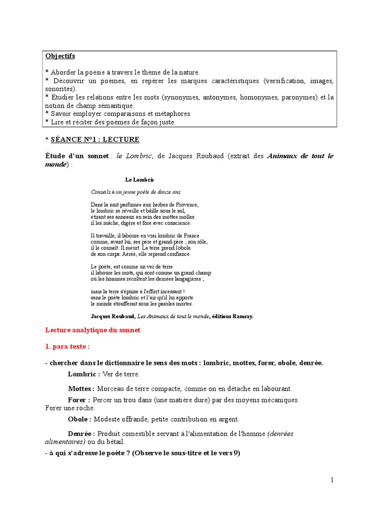 Le Lombric Analyse Bac Francais Poesie en Nature | PDF | Poésie | Rime dans la poésie