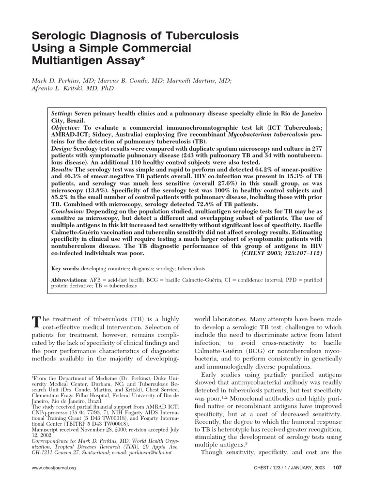 Serologic Diagnosis of Tuberculosis Using A Simple Commercial ...