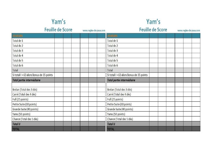 Feuille Score Yams PDF