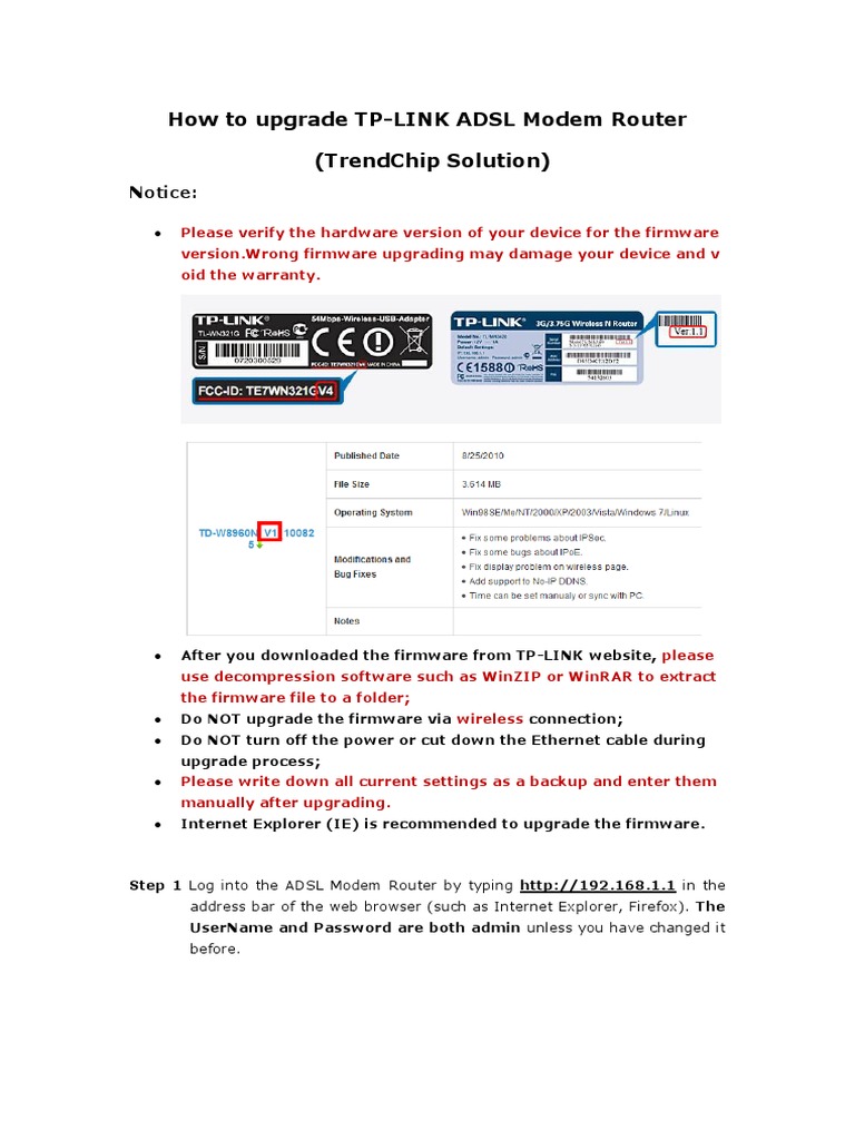 How To Upgrade TP-LINK ADSL Modem Router (TrendChip Solution) PDF | PDF