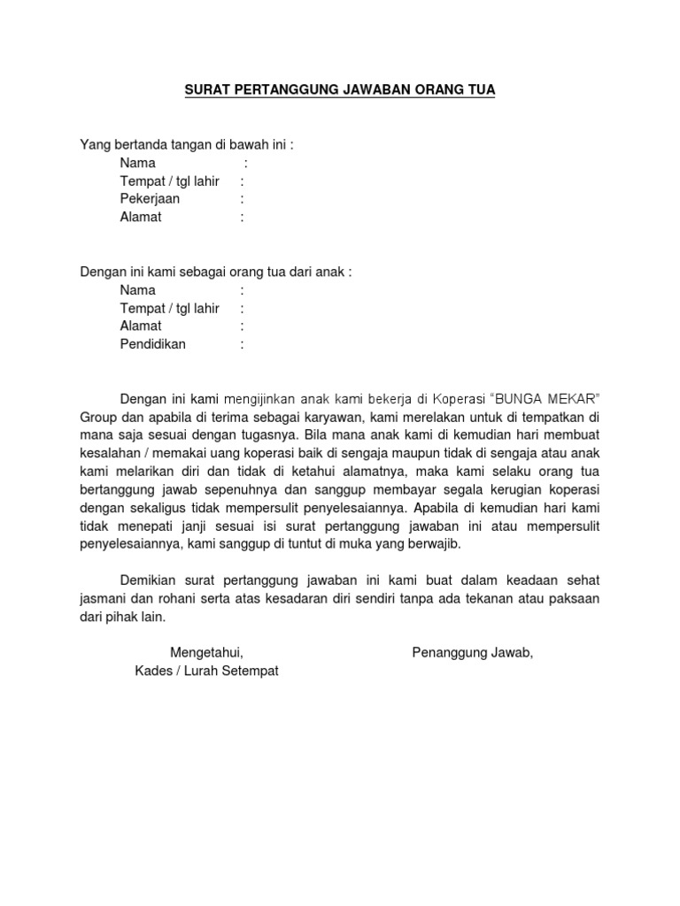 Surat Pertanggung Jawaban Orang Tua
