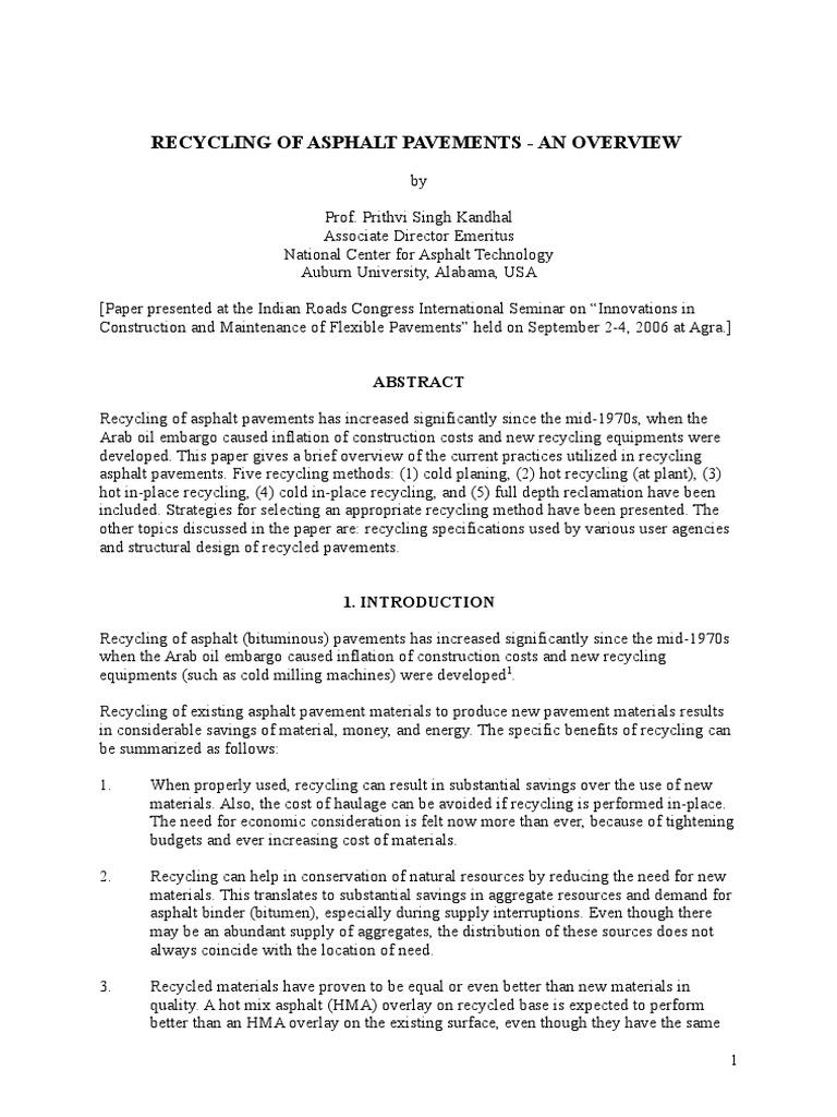 Asphalt Pavement Recycling Methods | PDF | Road Surface | Civil Engineering