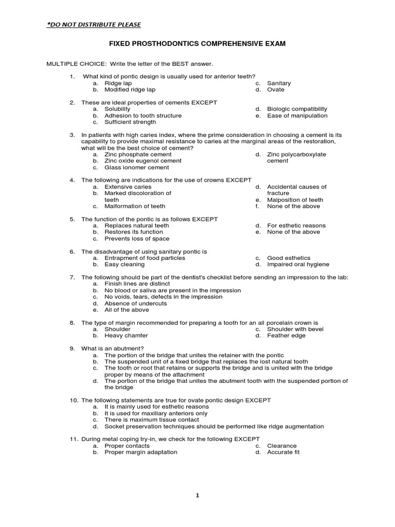 Fixed Prosthodontics Mcqs PDF PDF Dentures Mouth