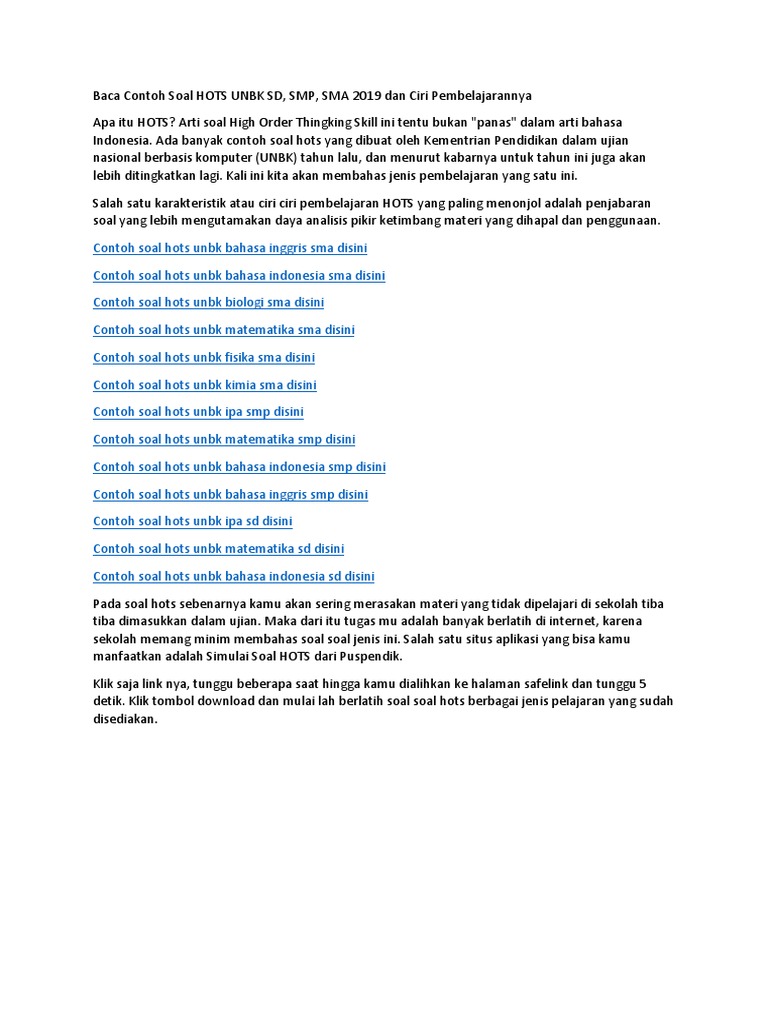 Contoh Soal Hots Unbk Sd Smp Dan Sma