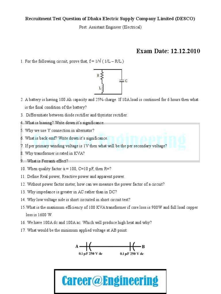 DESCO Assistant Engineer Exam Questions | PDF | Transformer | Rectifier