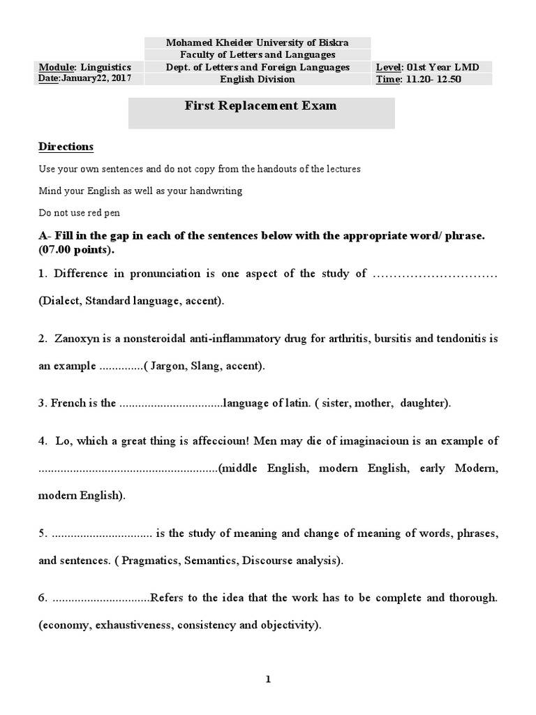 First Year Linguistics Replacement Exam | PDF | English Language ...