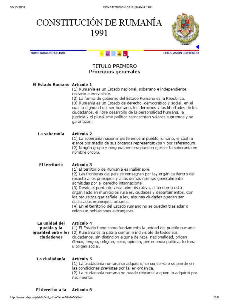 Constitucion de Rumanía 1991 PDF Estado (política) Constitución