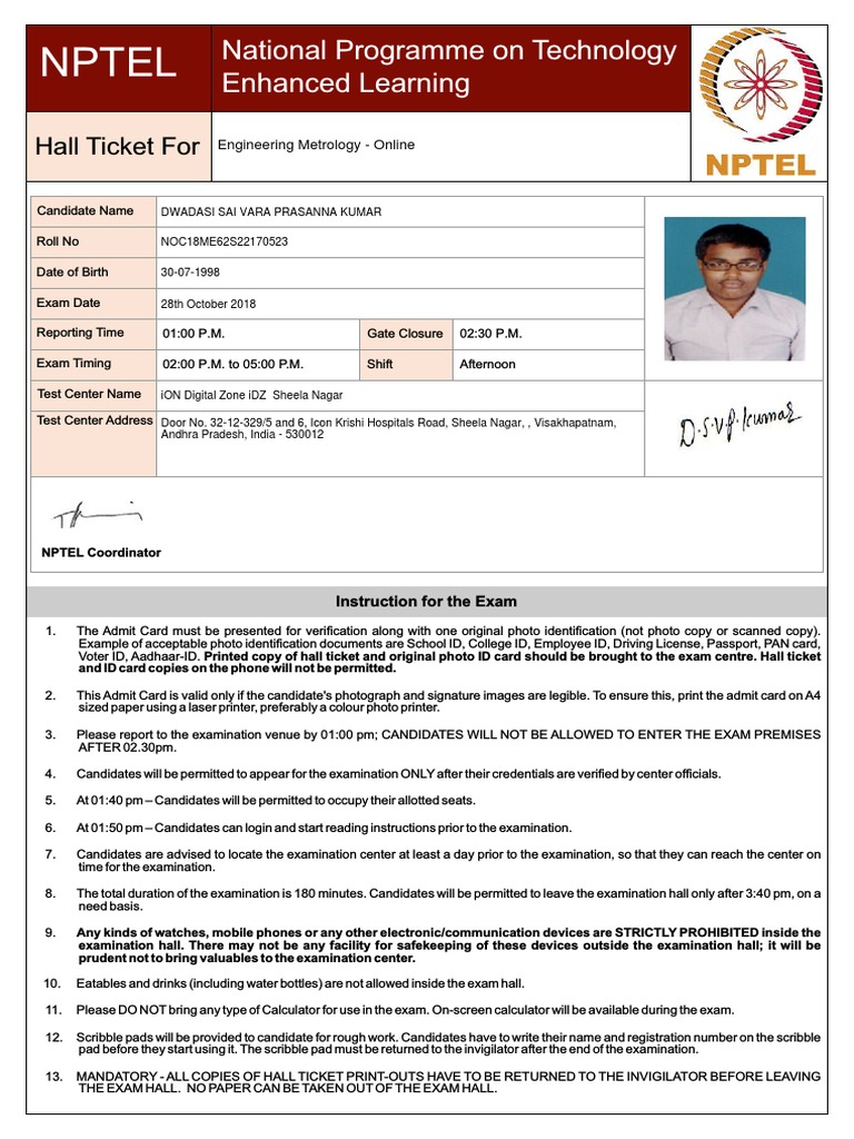 STOCT1810132110 Nptel Hall Ticket PDF Identity Document