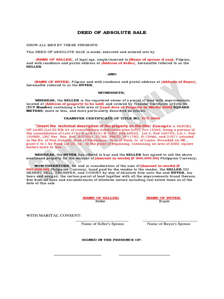 Deed of Sale (LRA Sample) PDF | Download Free PDF | Land Lot | Land Law