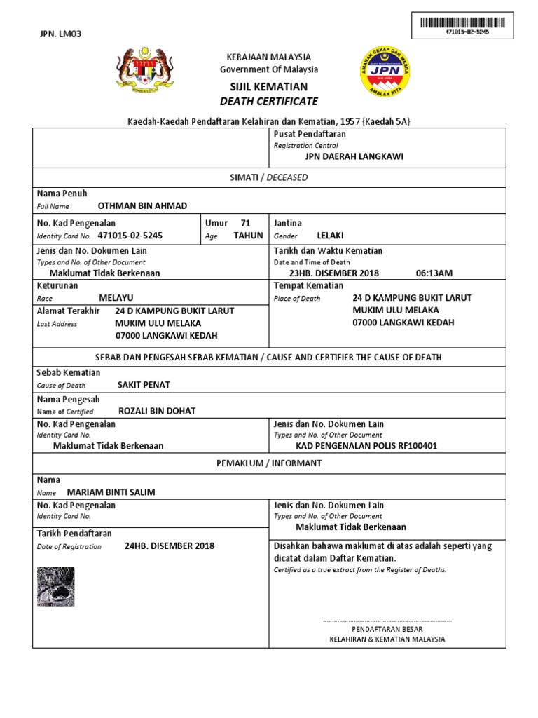Death Certificate: Sijil Kematian | PDF