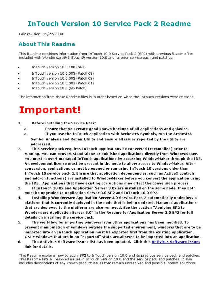 InTouch Version 10 Service Pack 2 Readme | PDF | Windows Xp | Remote ...