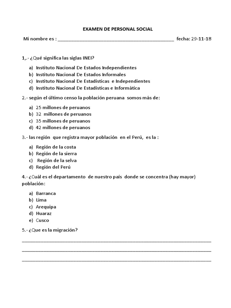 Examen de Personal Social | PDF