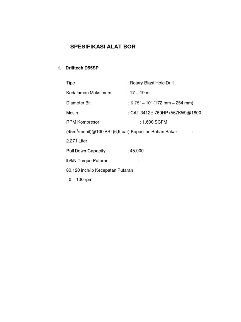 Spesifikasi Alat Bor D55SP dan Pantera 1500 | PDF