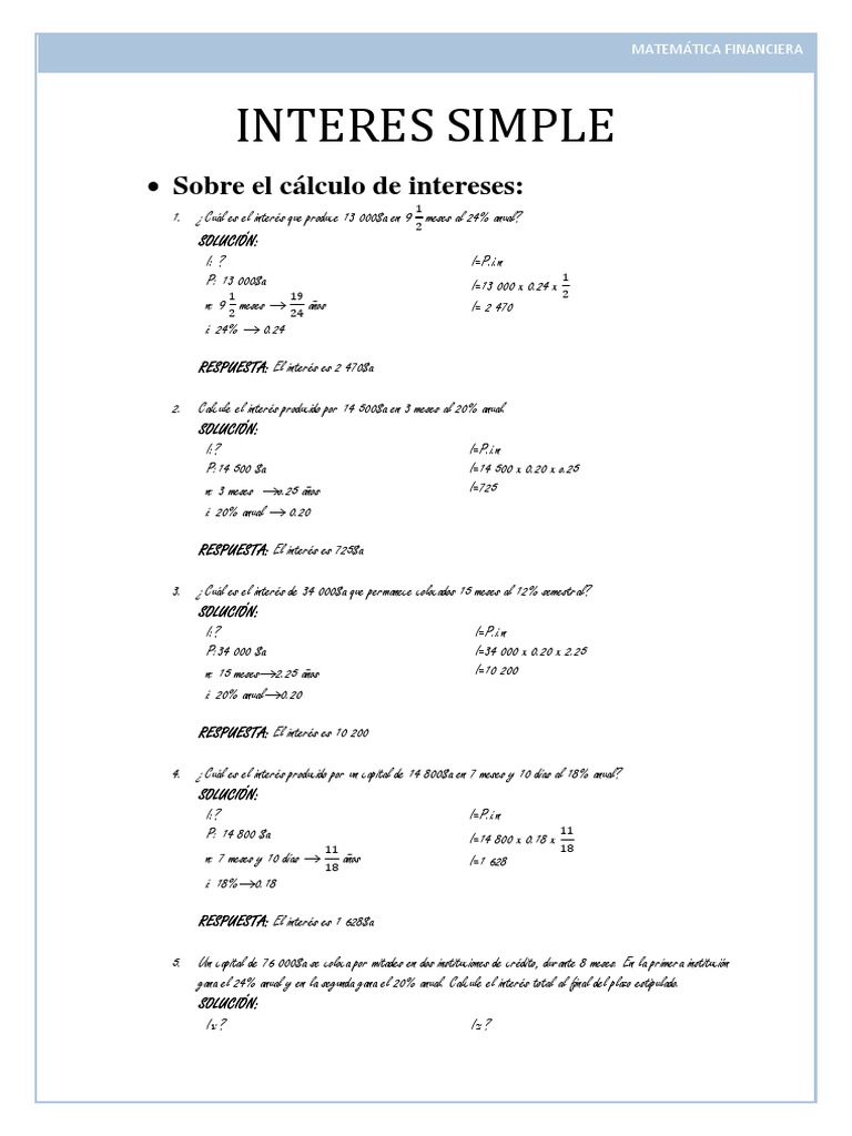 Interes Simple Ejercicios Resueltos | PDF | Finanzas Matemáticas |  Servicios financieros