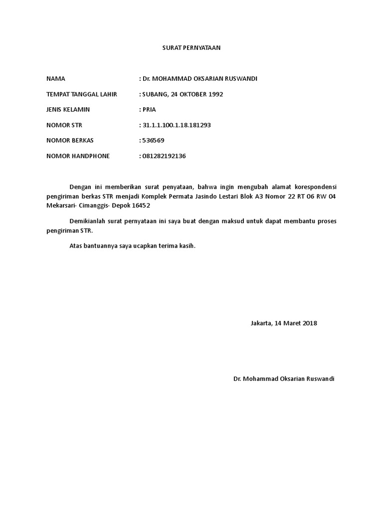 Surat Pernyataan Kki Str Alamat Pindah