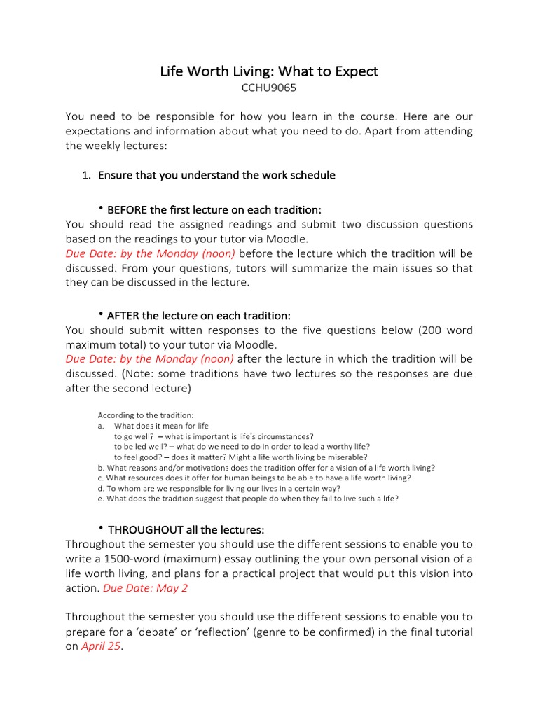 Life Worth Living - Expections and Requirements | PDF | Lecture | Essays