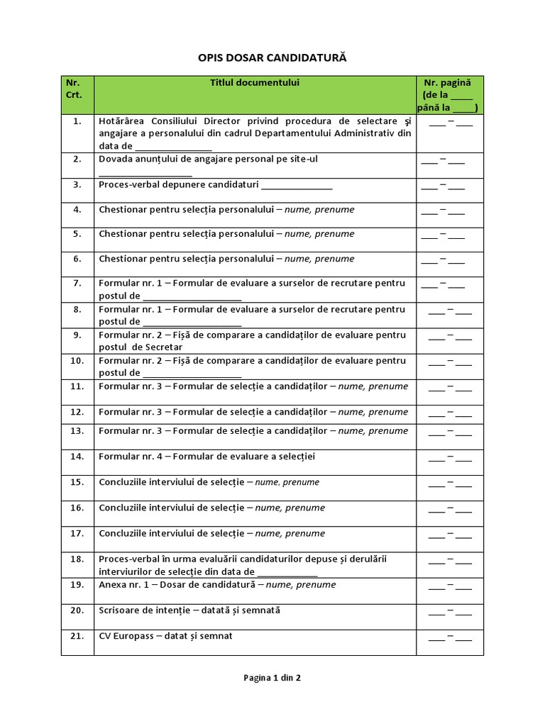 Model OPIS Dosar Candidatură | PDF