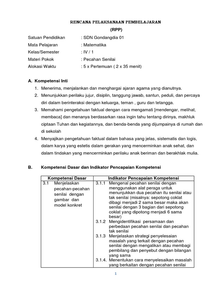 Rpp Matematika Kelas 4 Sem1 Pdf
