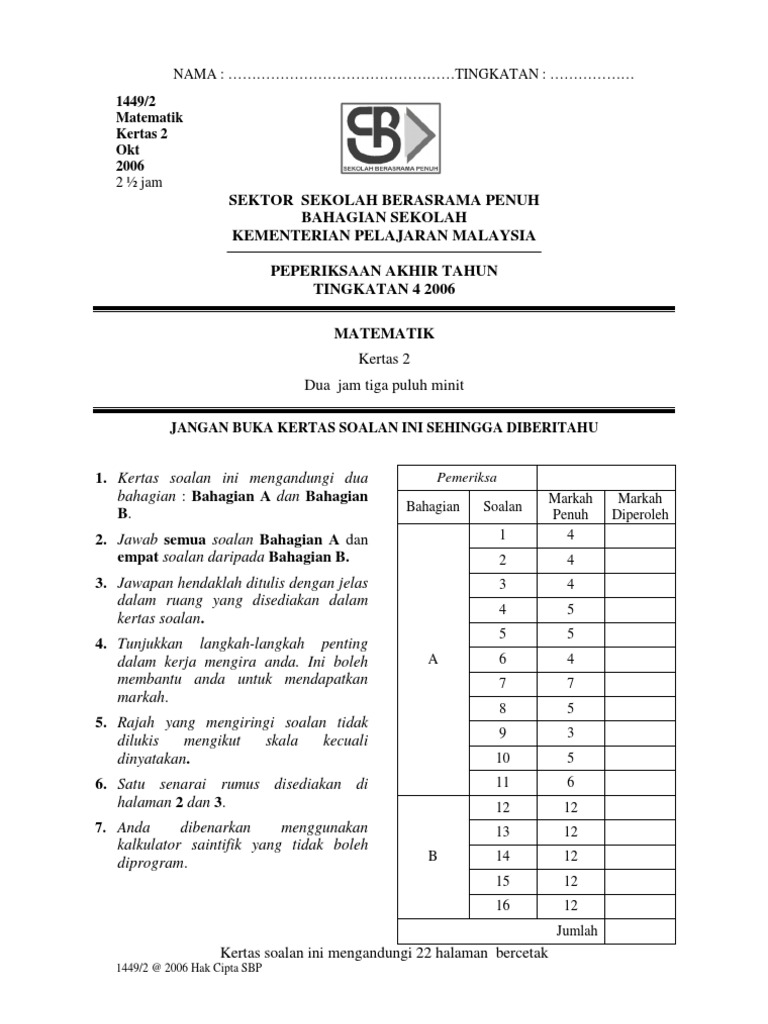 Matematik Soalan Kertas 2 Pdf