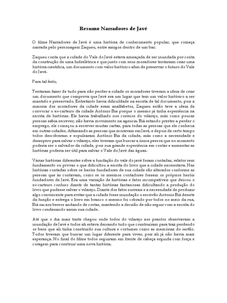 Resumo do Filme Narradores de Javé | PDF