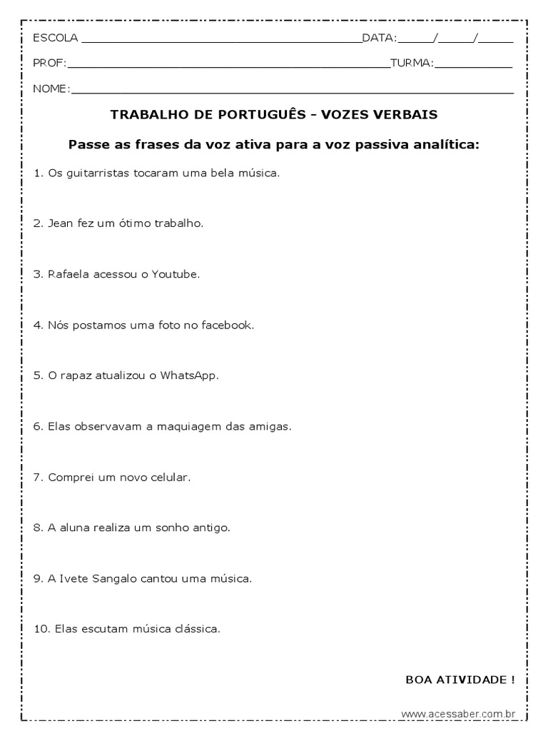 Atividade-de-português-vozes-verbais-9º-ano-Modelo-editável | PDF