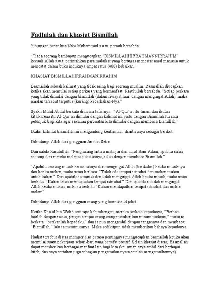 Fadhilat Dan Khasiat Bismillah