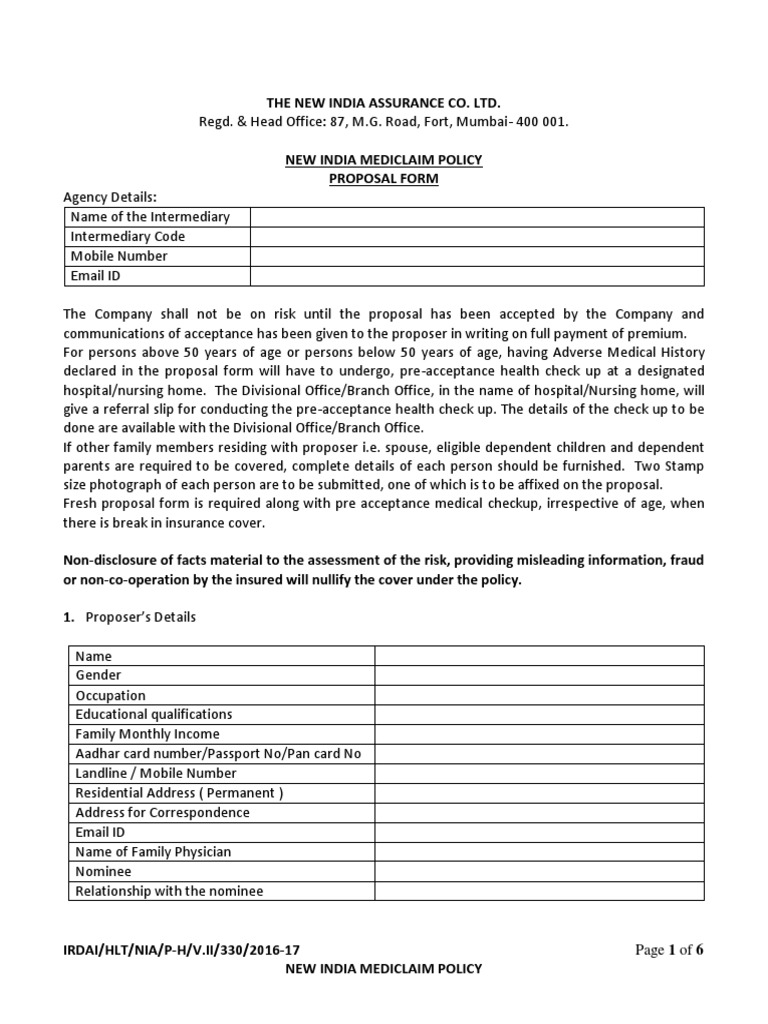 Proposal Form New India Mediclaim Policy Insurance