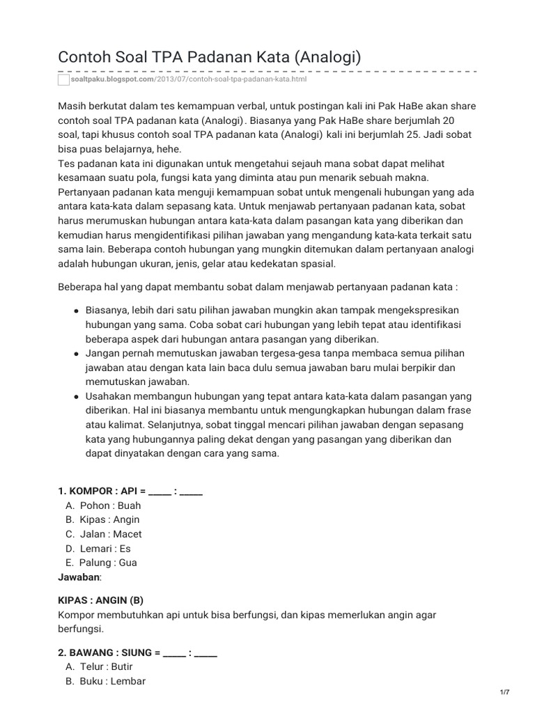 Contoh Soal TPA Padanan Kata Analogi PDF