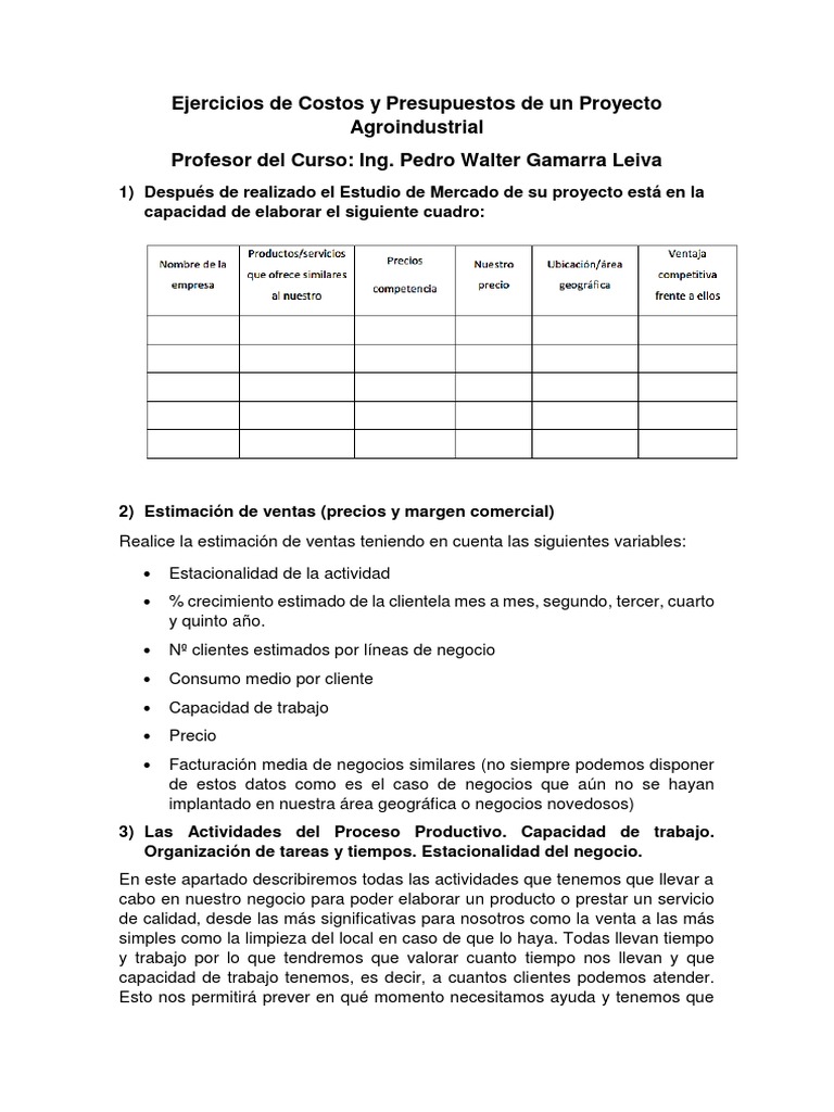 Ejercicios de Costos y Presupuestos Agroindustriales | PDF ...