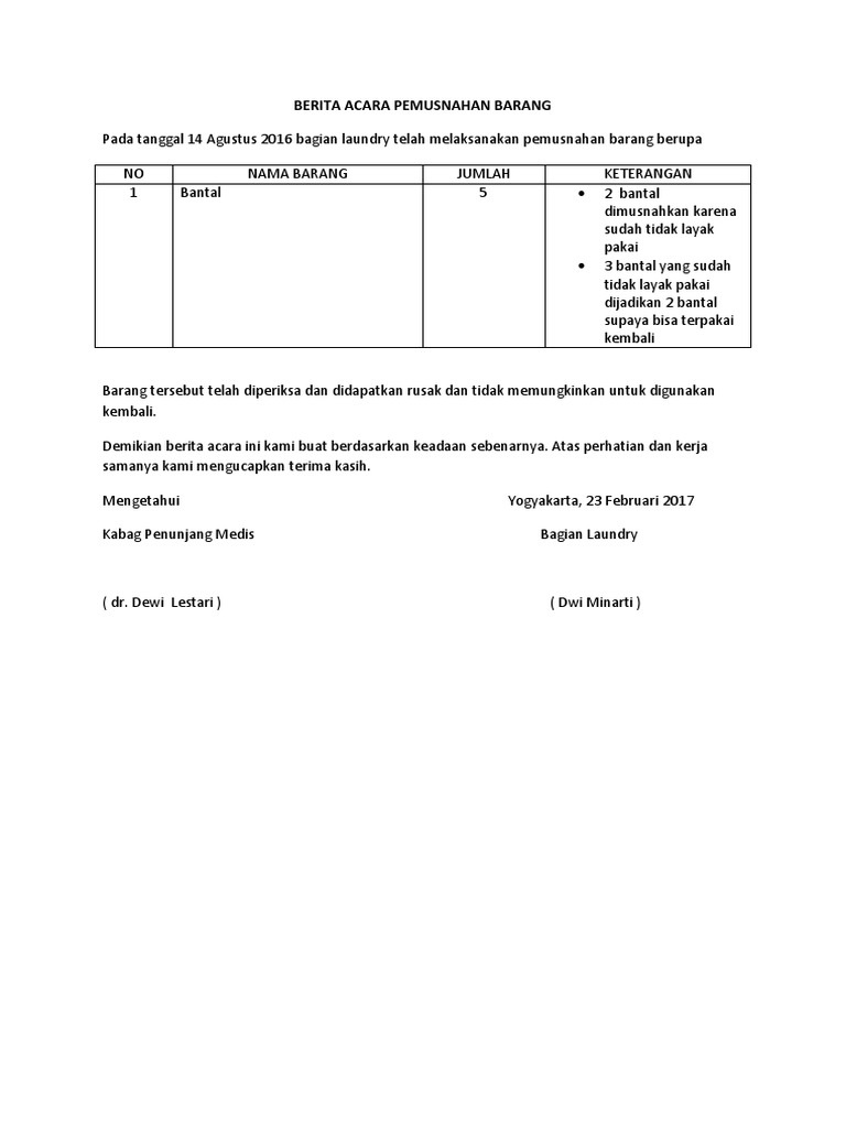 Berita Acara Pemusnahan Barang