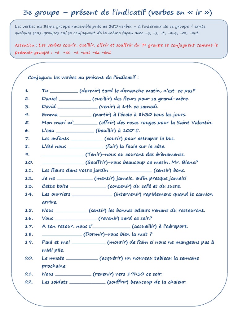 Verbes Du 3ème Groupe Au Présent Exercices Pdf Present de Lindicatif 3e Groupe Verbes en Ir Exercice Grammatical Feuille  Dexercices 50047 | PDF | Échecs | Théorie (échecs)
