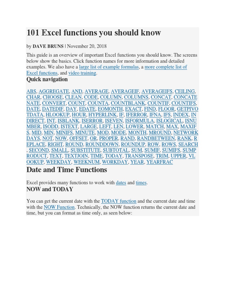 101 Excel Functions You Should Know | PDF | Database Index | Workweek ...