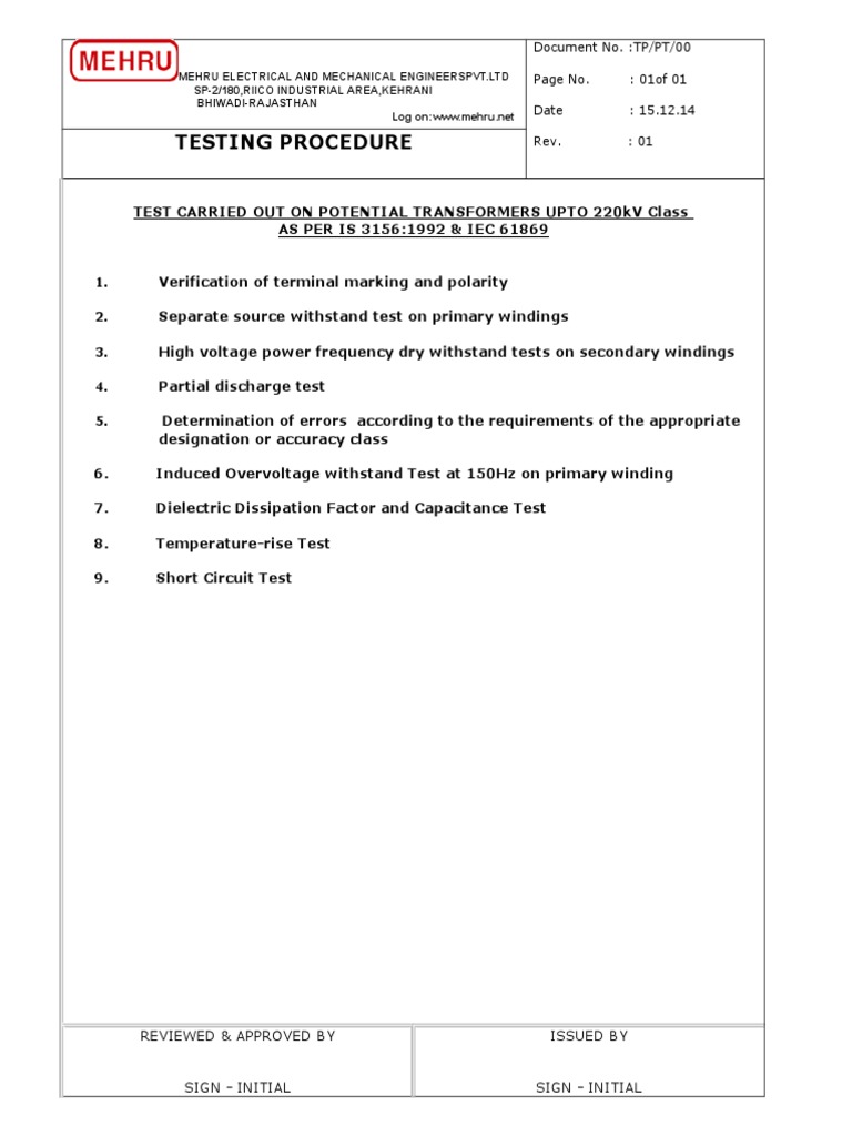 Testing Procedure PT | PDF | Transformer | Capacitor