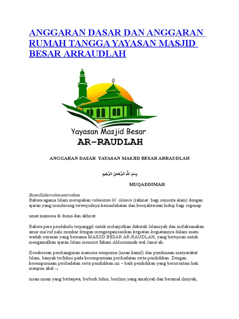Anggaran Dasar Dan Anggaran Rumah Tangga Yayasan Masjid Besar