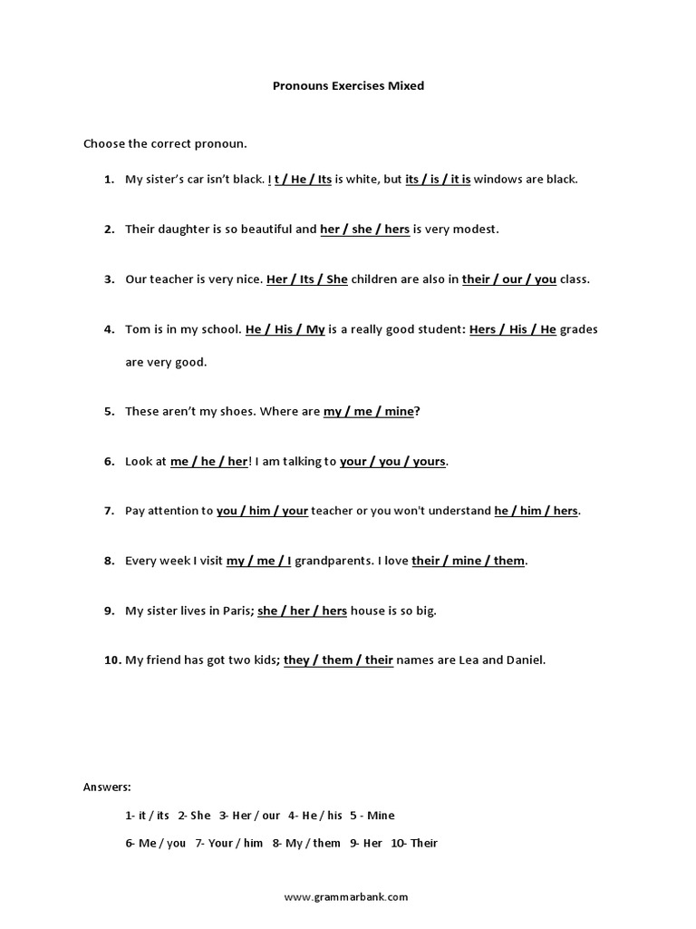 Pronouns Exercises Pdf