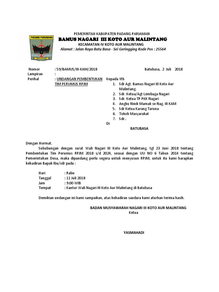 Undangan Pembentukan Tim RPJM | PDF