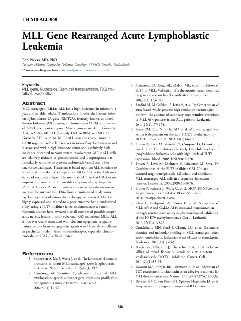 MLL Rearranged Acute Lymphoblastic Leukemia | PDF | Leukemia | Biology
