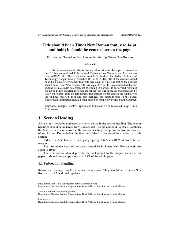Title Should Be in Times New Roman Font, Size 14 PT, and Bold It Should ...