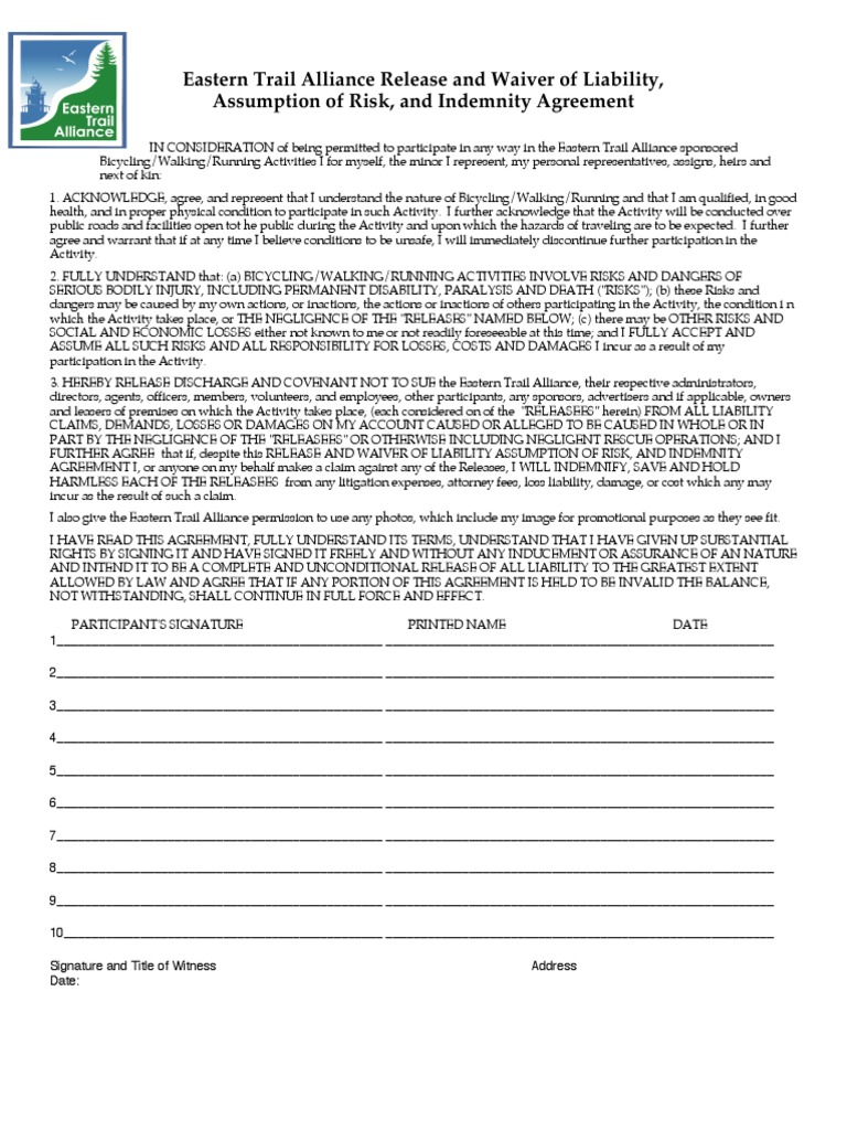 Eastern Trail Alliance Release and Waiver of Liability, Assumption of ...