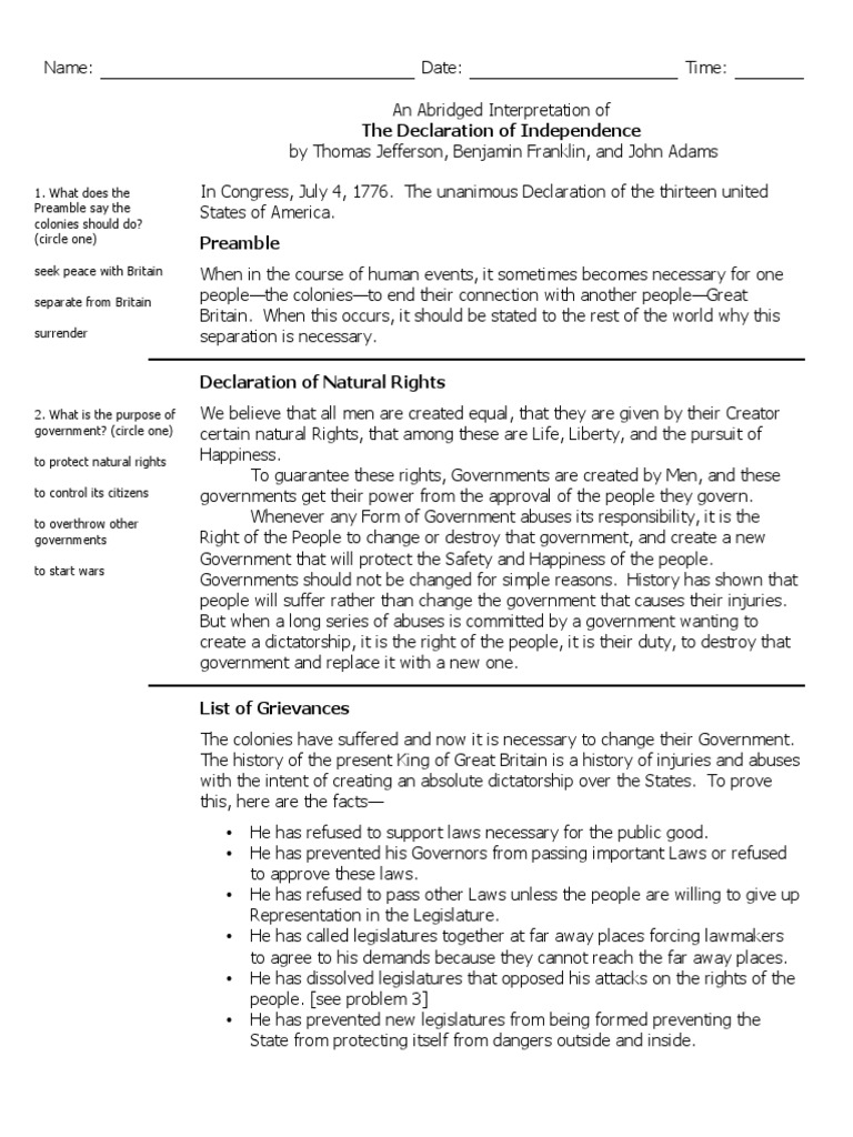 Declaration of Independence PDF  United States Declaration Of Throughout Declaration Of Independence Worksheet Answers