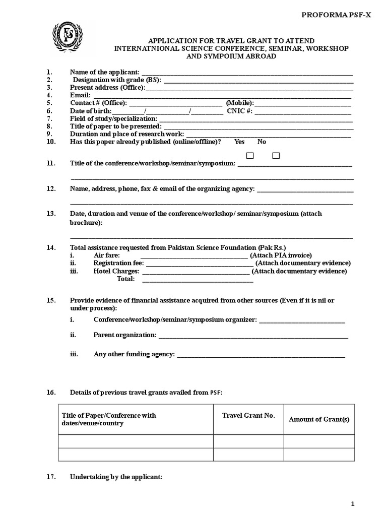 PSF Travel Grant Application Form | PDF | Business