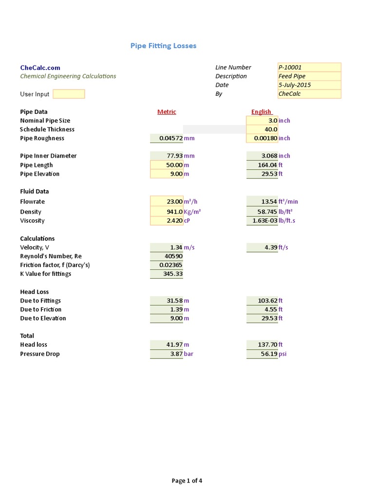 Pipe Fitting Losses Chemical Engineering Calculations PDF