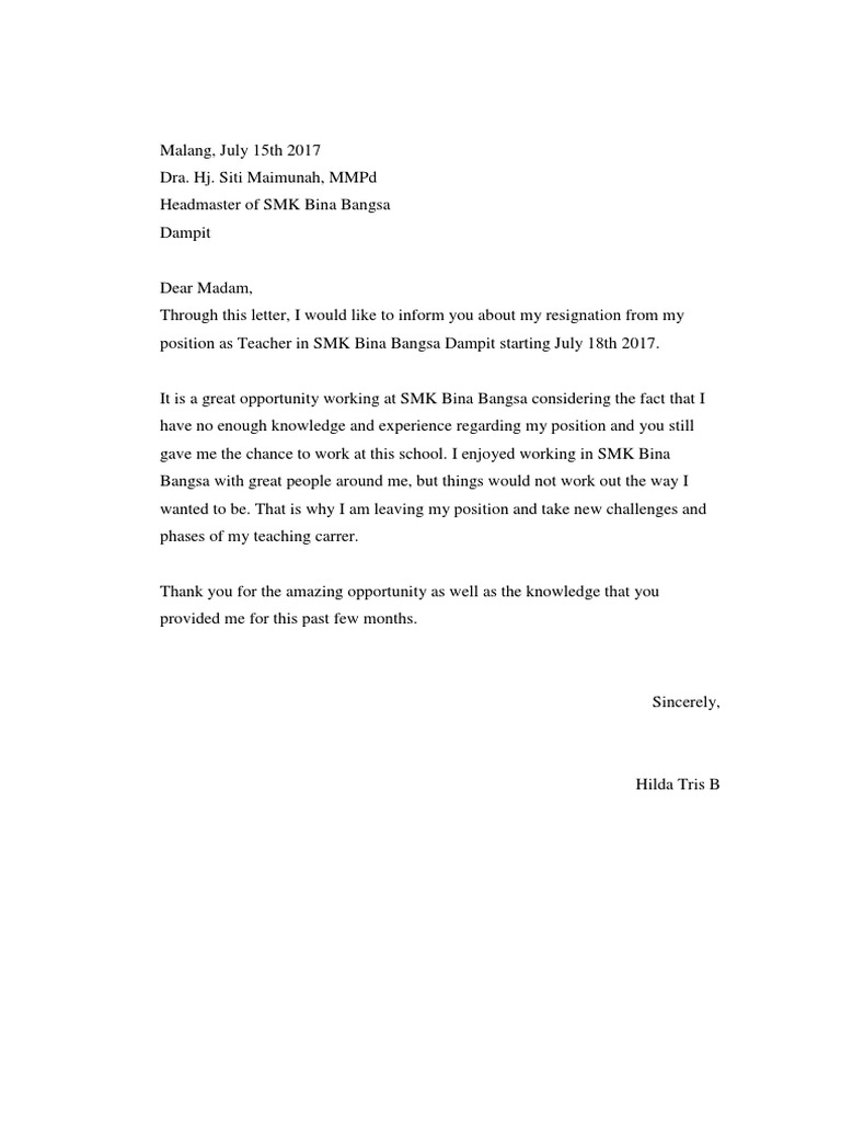 Contoh Surat Resign Bahasa Inggris Simak Gambar Berikut